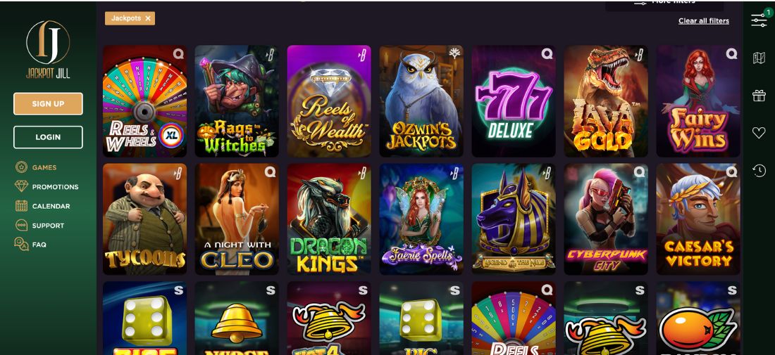 Jackpot Jill Casino homepage screenshot — pokies lobby